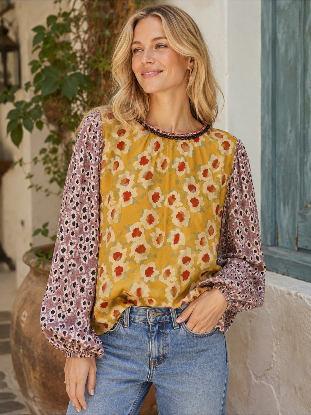 Anthropologie BI-NK Dorette Floral Mixed Print Balloon Sleeve Blouse M Boho